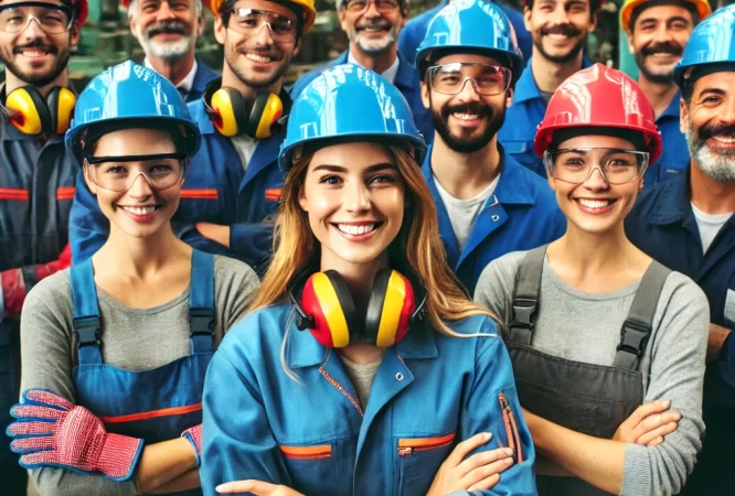 DALL·E 2024-12-13 23.27.31 - Un grupo diverso de trabajadores industriales, incluyendo mujeres y hombres, posando juntos y sonriendo. Están vestidos con ropa de trabajo típica de